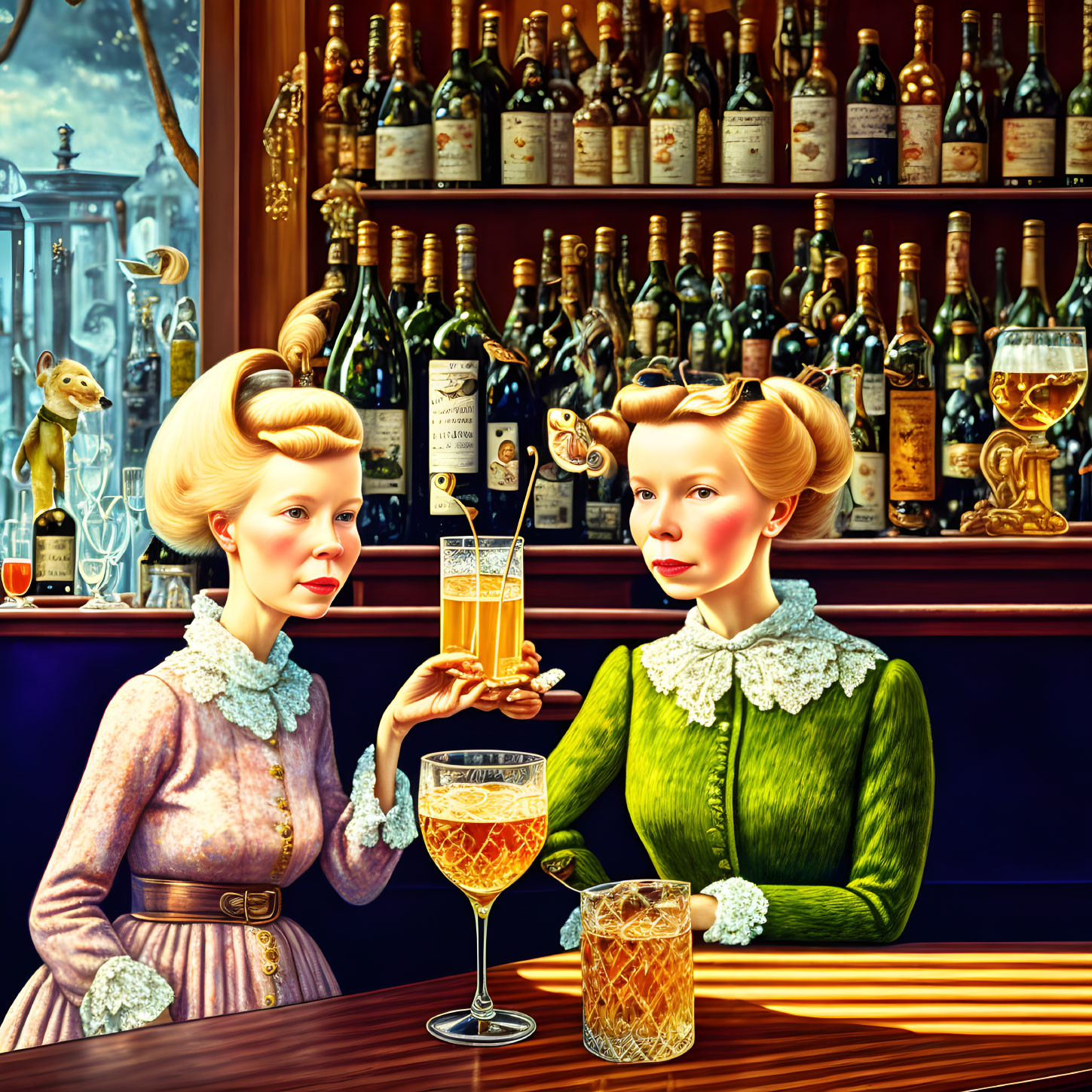 Two women in vintage attire with elaborate hairstyles clinking glasses in a bar setting.