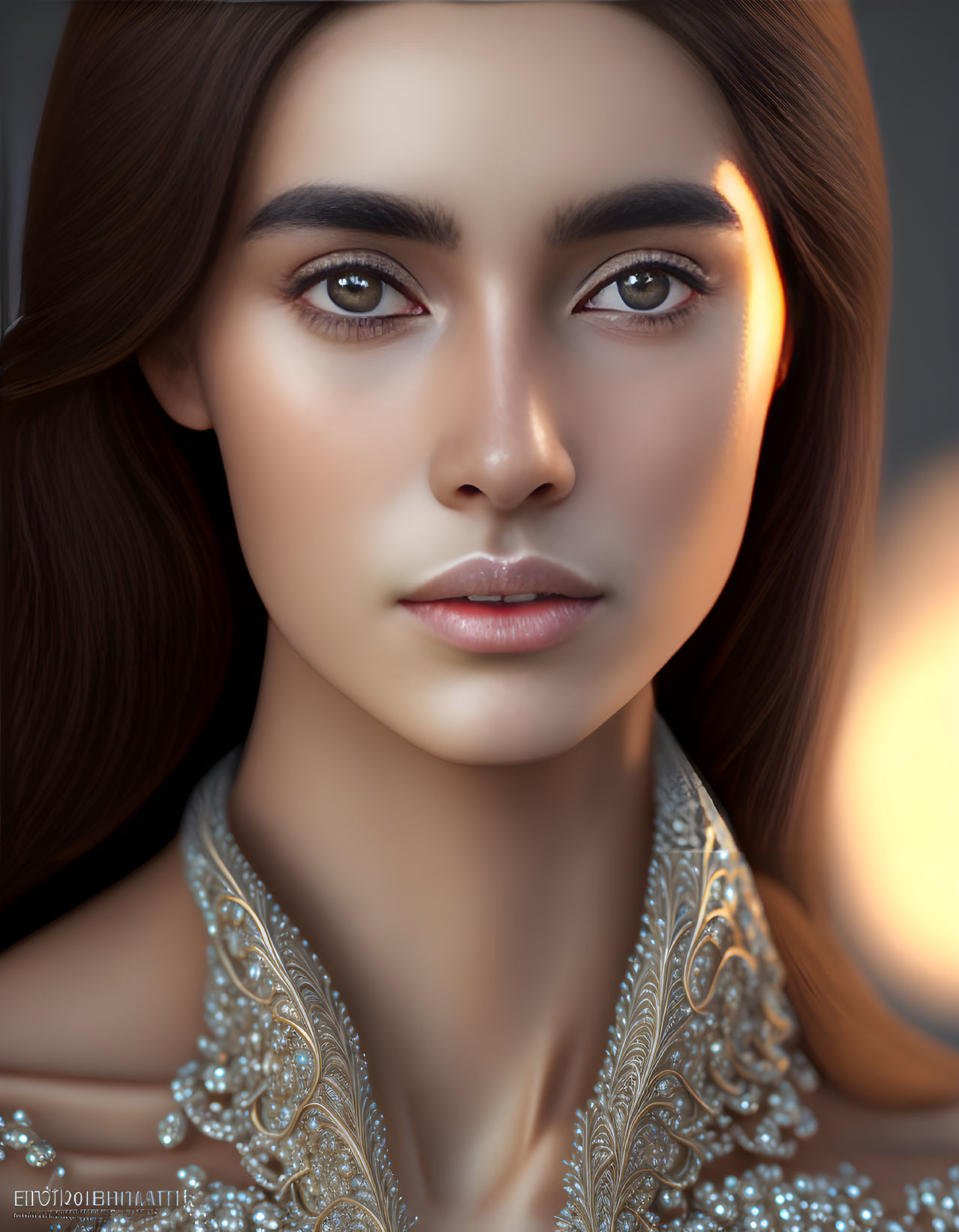 Detailed digital portrait of a woman with brown hair and eyes in embellished outfit