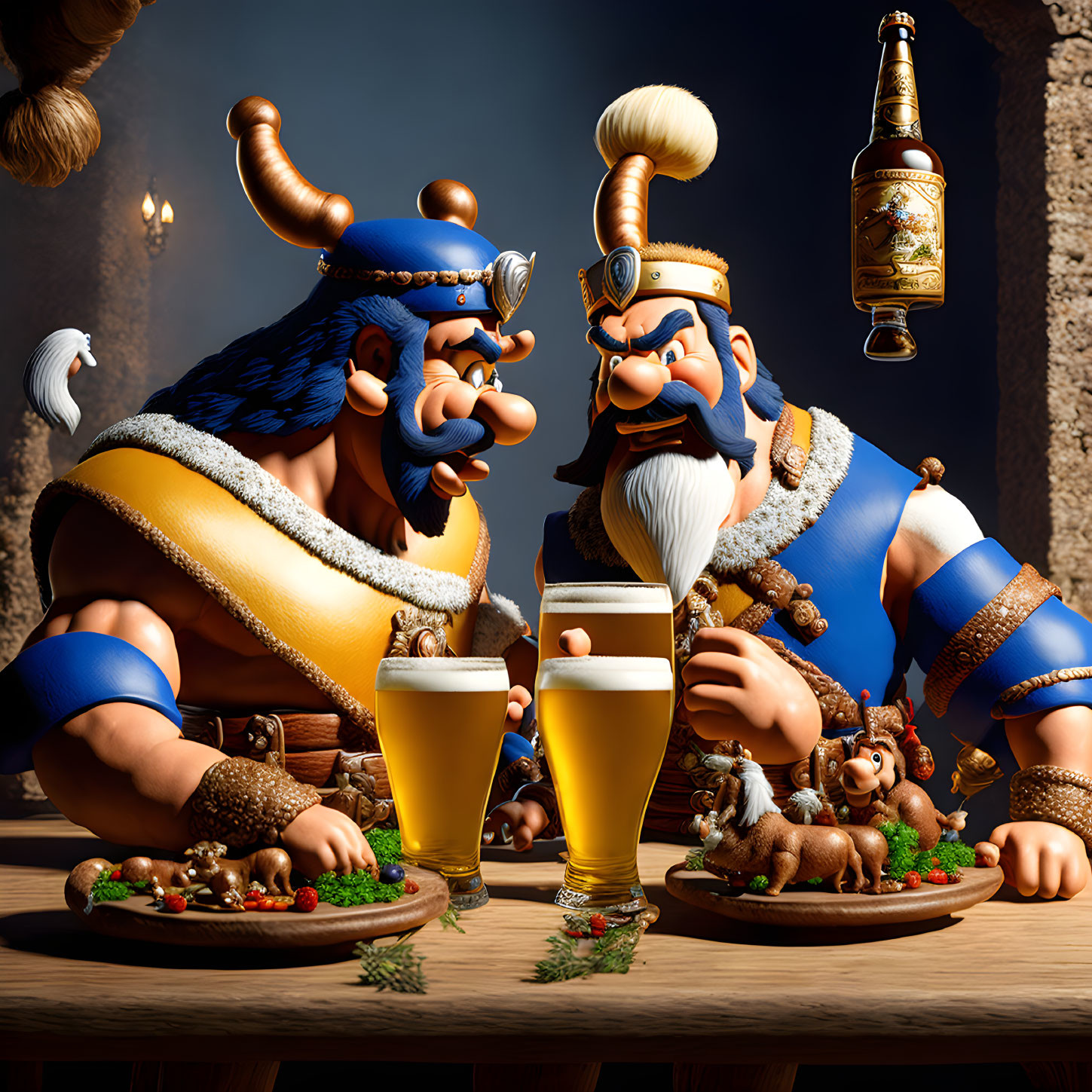 Animated Viking characters enjoying beer and feast at wooden table