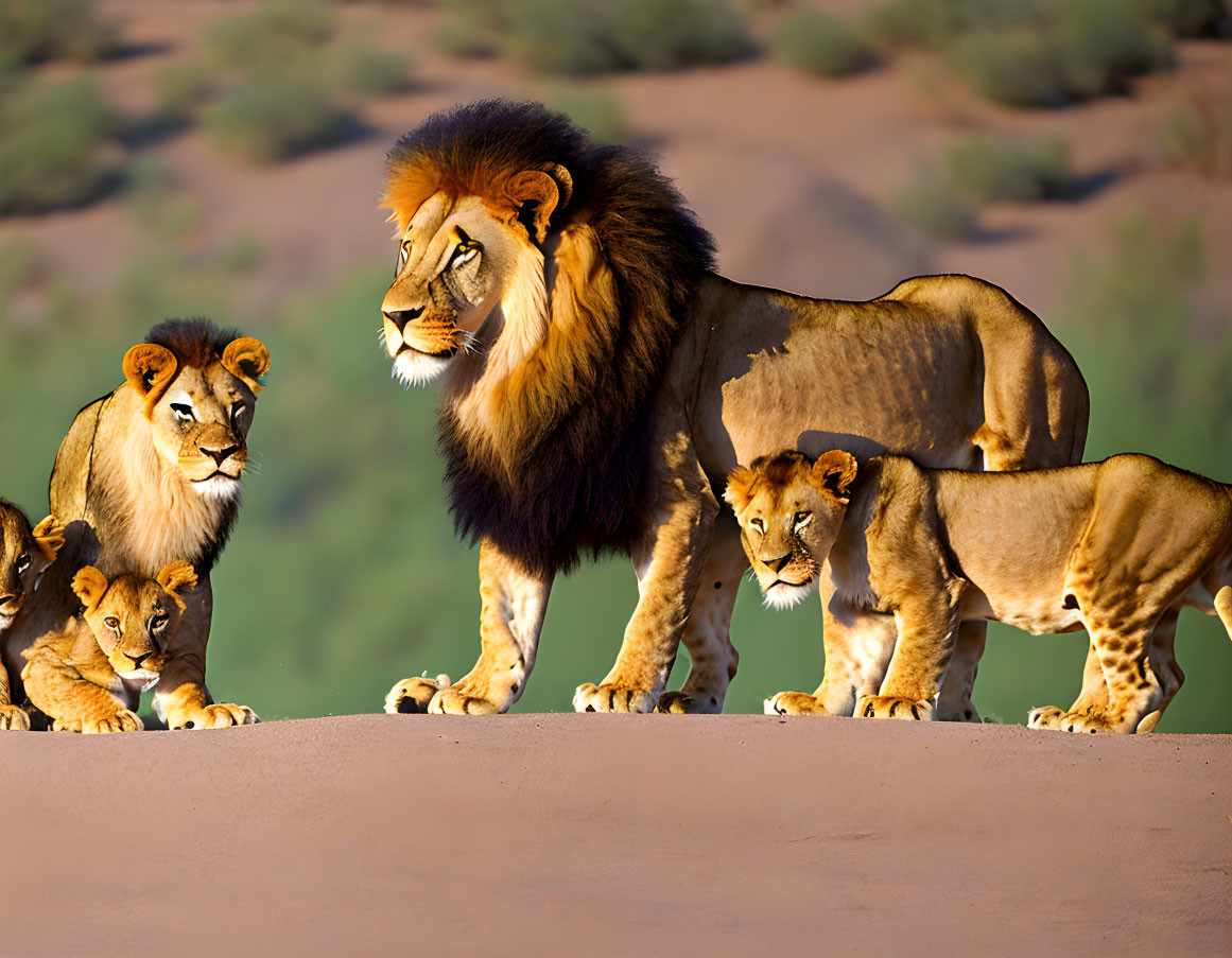 Pride of lions with male mane and lionesses on sandy ridge