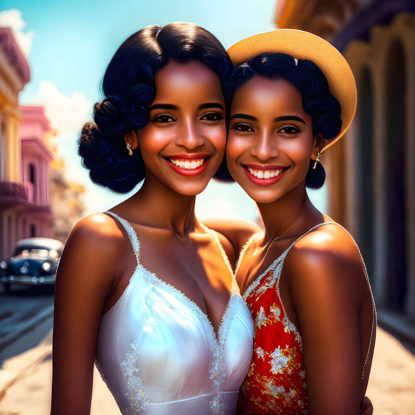 Two women in elegant dresses standing together in front of vintage street and car.