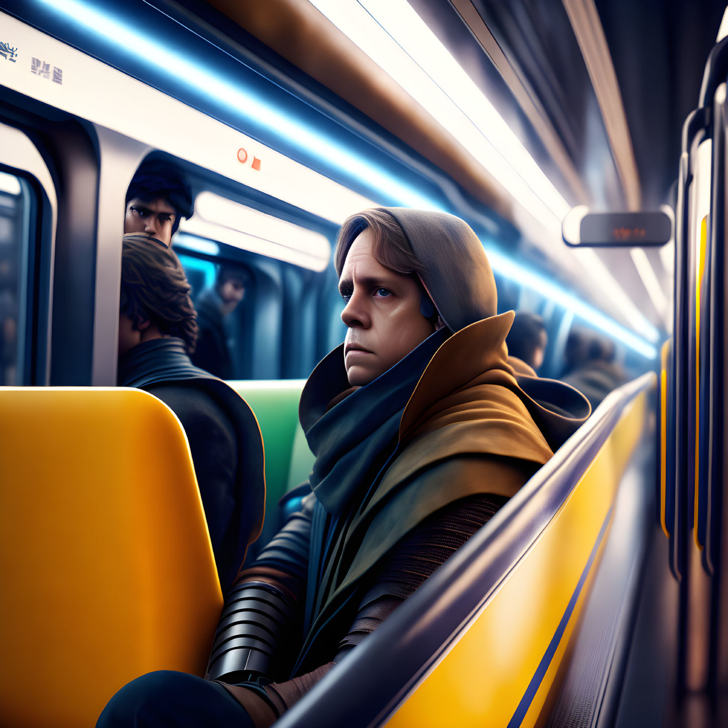 Contemplative person in hood and scarf on subway with passengers.