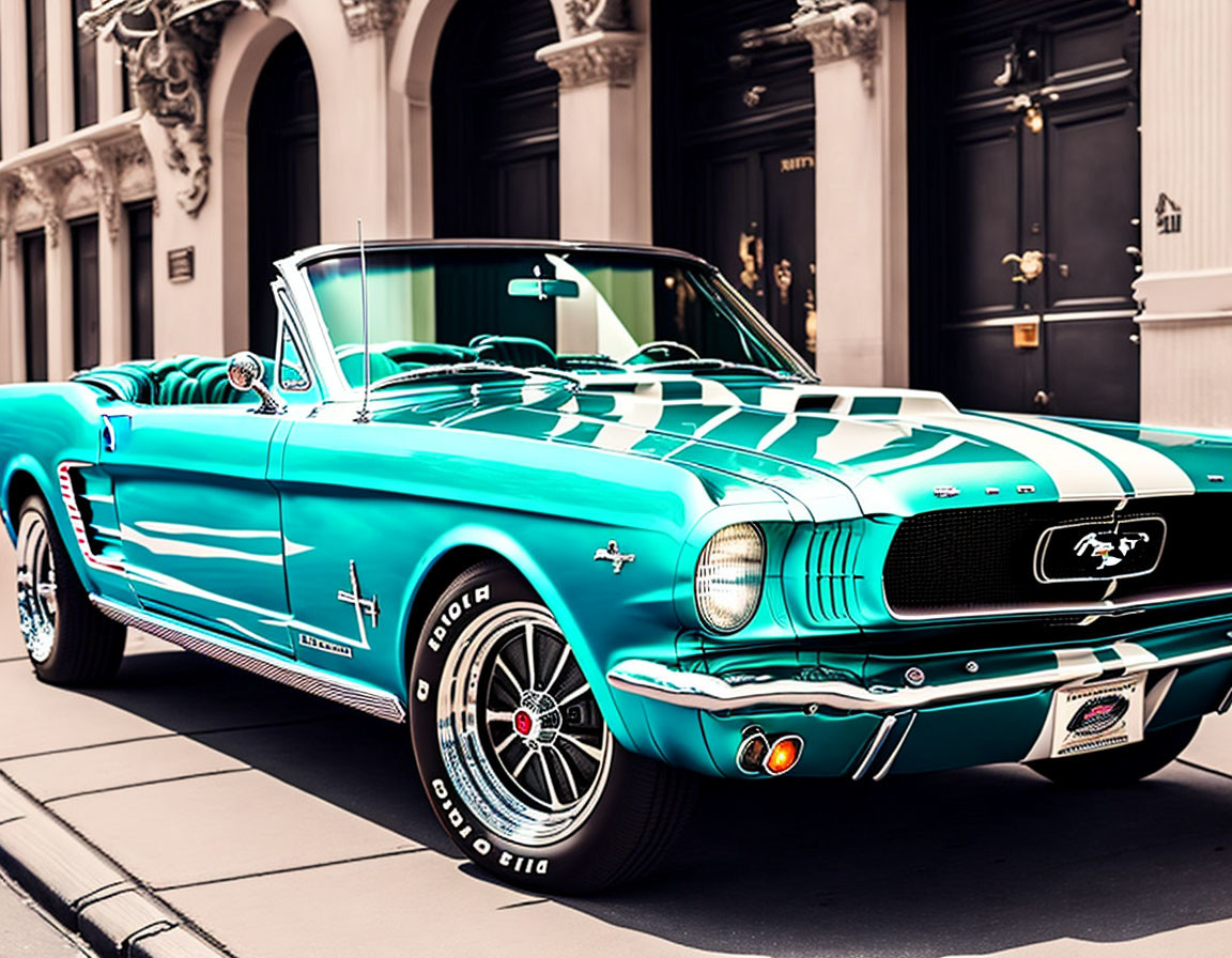 Vintage Ford Mustang Convertible with Turquoise Color & Racing Stripes