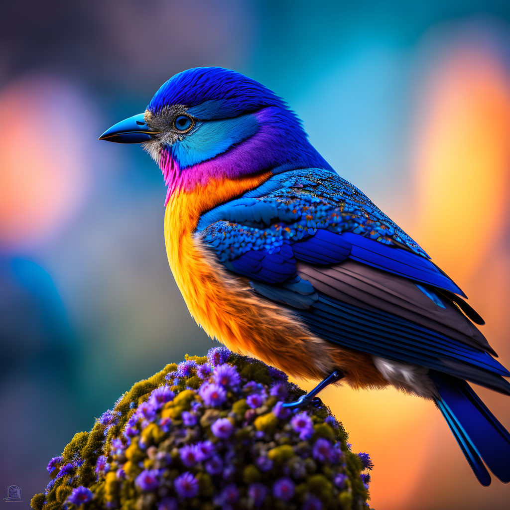 Colorful Bird Perched on Flower-Covered Branch