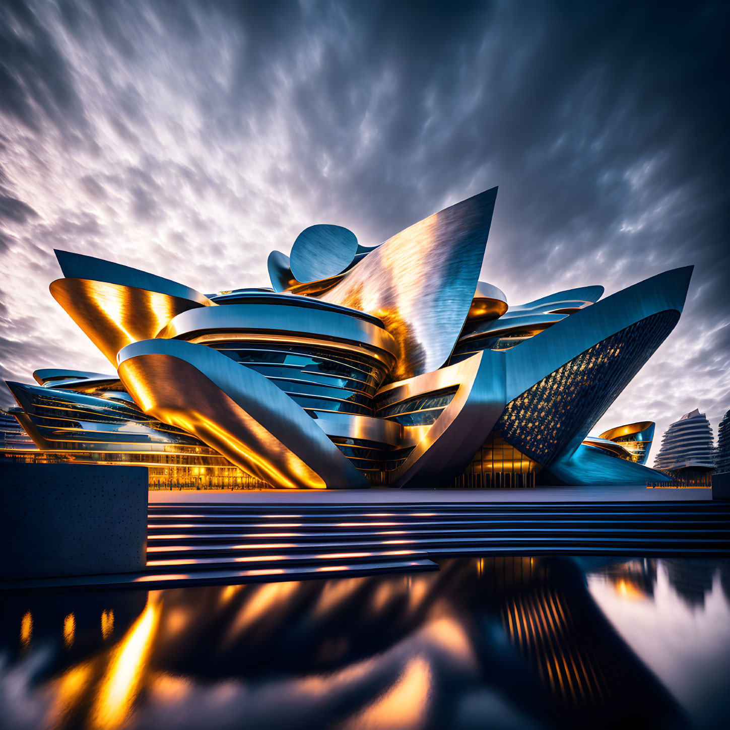 Modern metallic building with rising petals under dramatic sky.