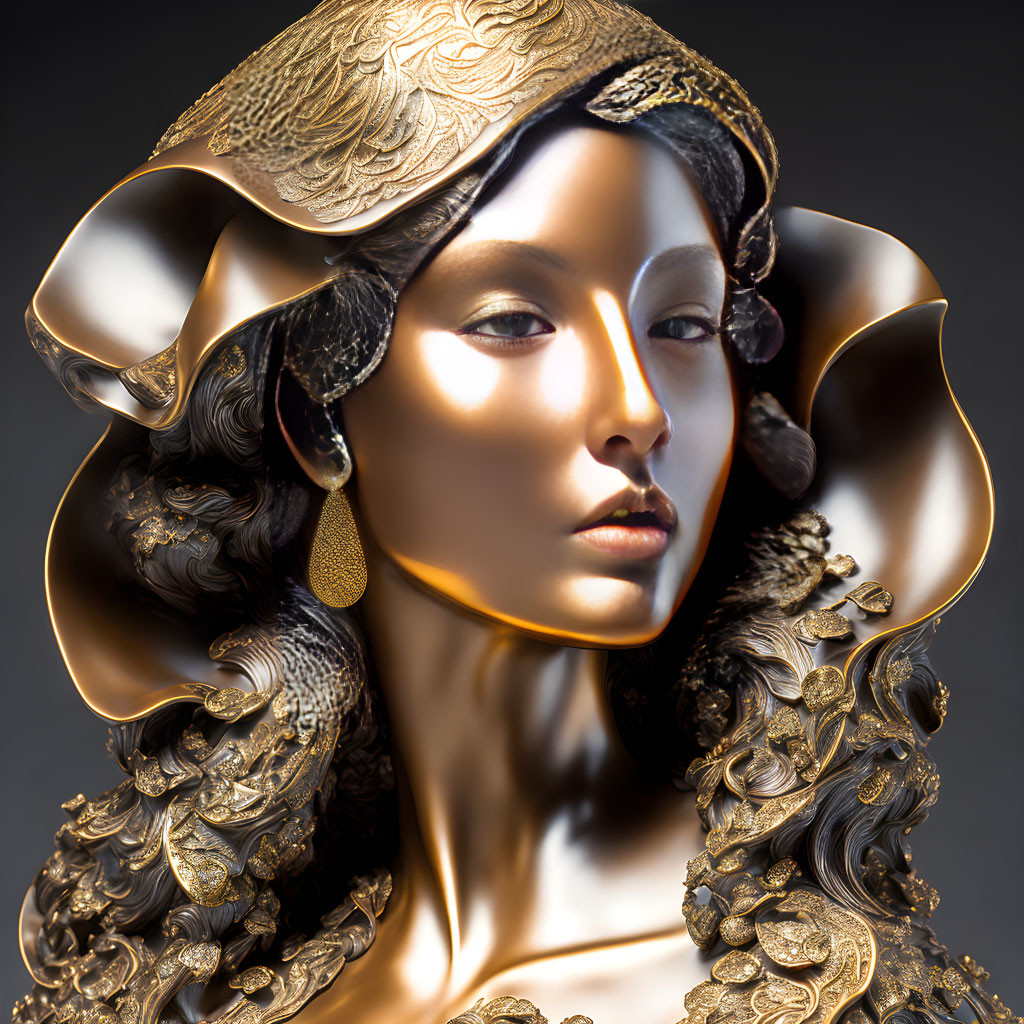 Stylized portrait of a woman with golden headdress and ornate collar