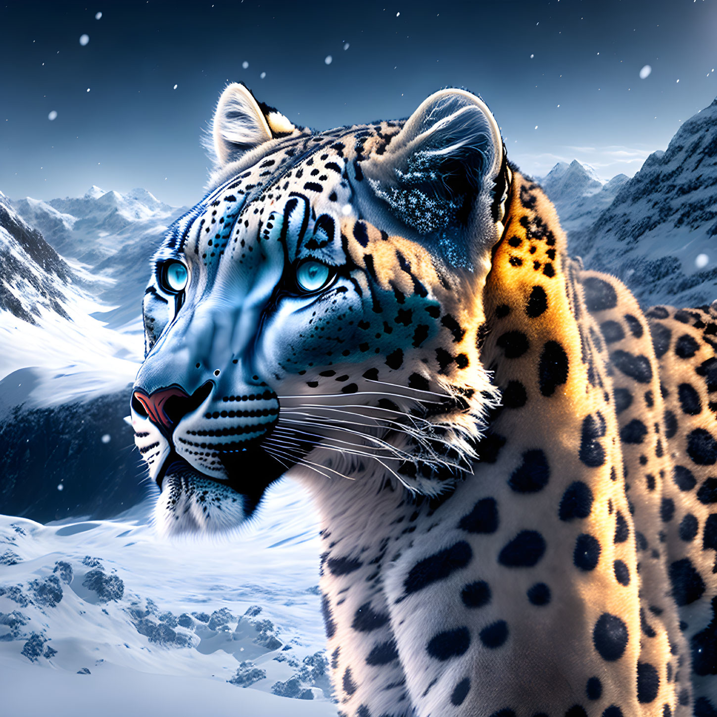 Snow leopard digital art with blue eyes in snowy mountain scene