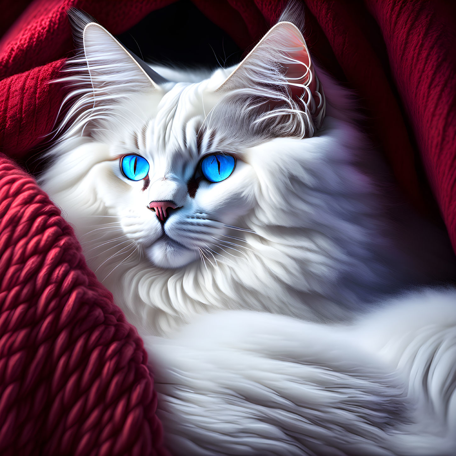 White Cat with Blue Eyes in Red Knitted Blanket