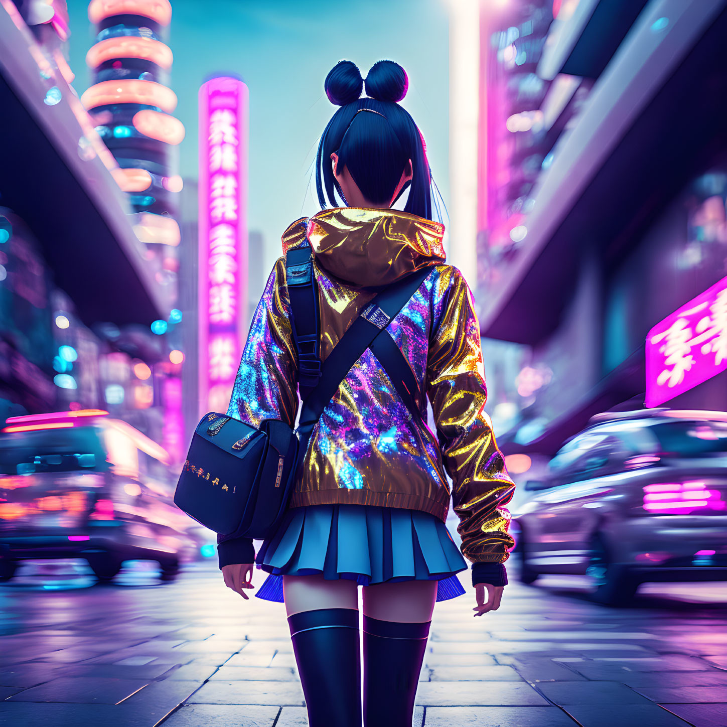 Holographic jacket and backpack in neon-lit cityscape