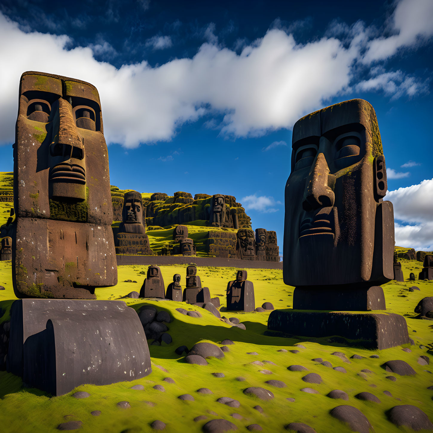 Prominent Moai statues under blue sky on Easter Island