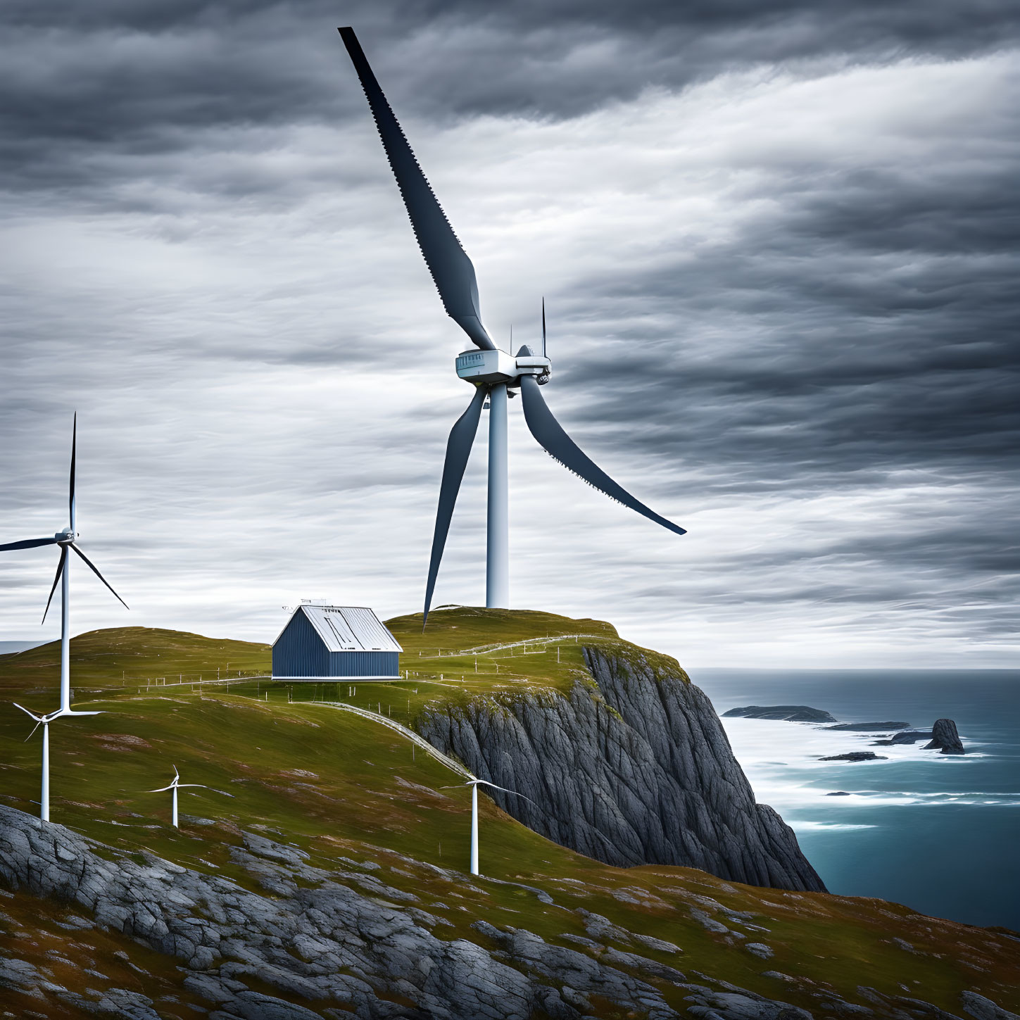 Coastal wind farm with turbines on cliff under moody sky