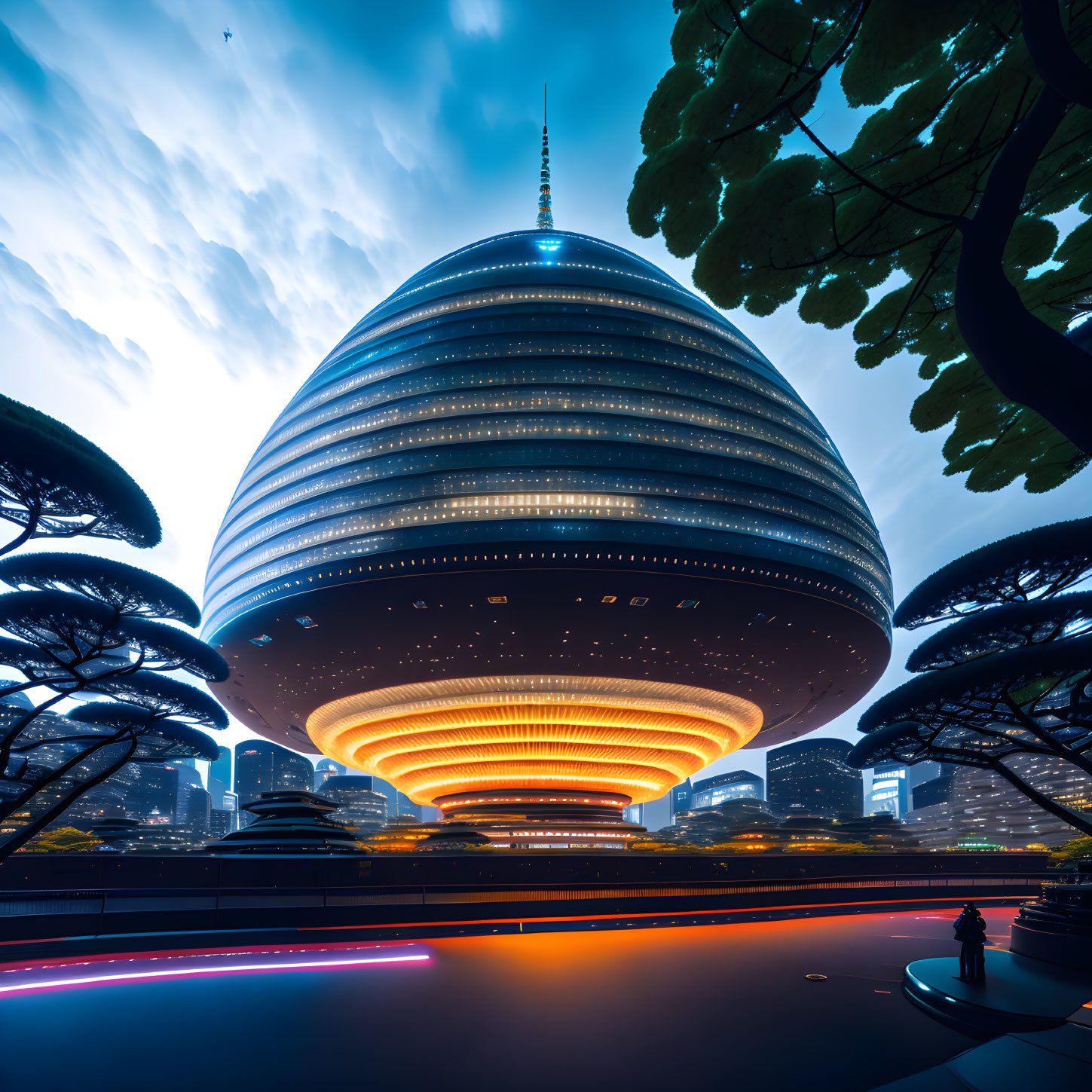 Futuristic dome-shaped building glowing at dusk with vibrant lights and stylized trees under blue sky