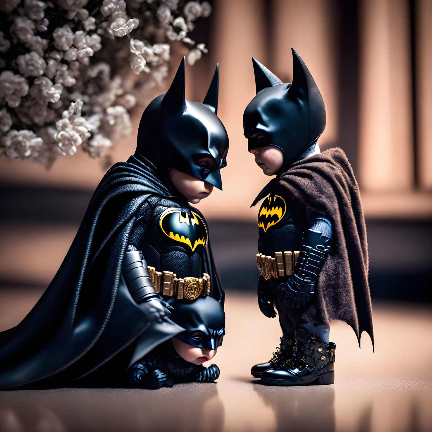 Two Batman figurines in detailed costumes, one larger, against blurred background with white blossoms