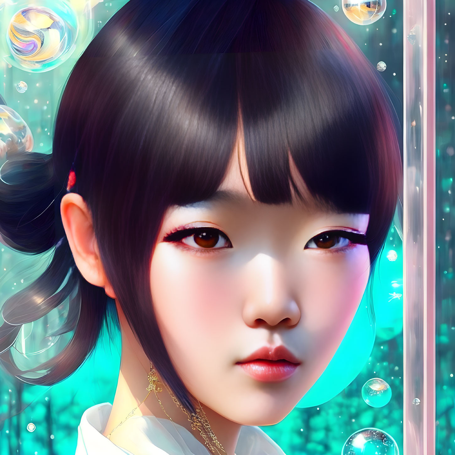 Girl with Black Hair, Bangs, Pigtails, and Red Eyes in Whimsical Digital