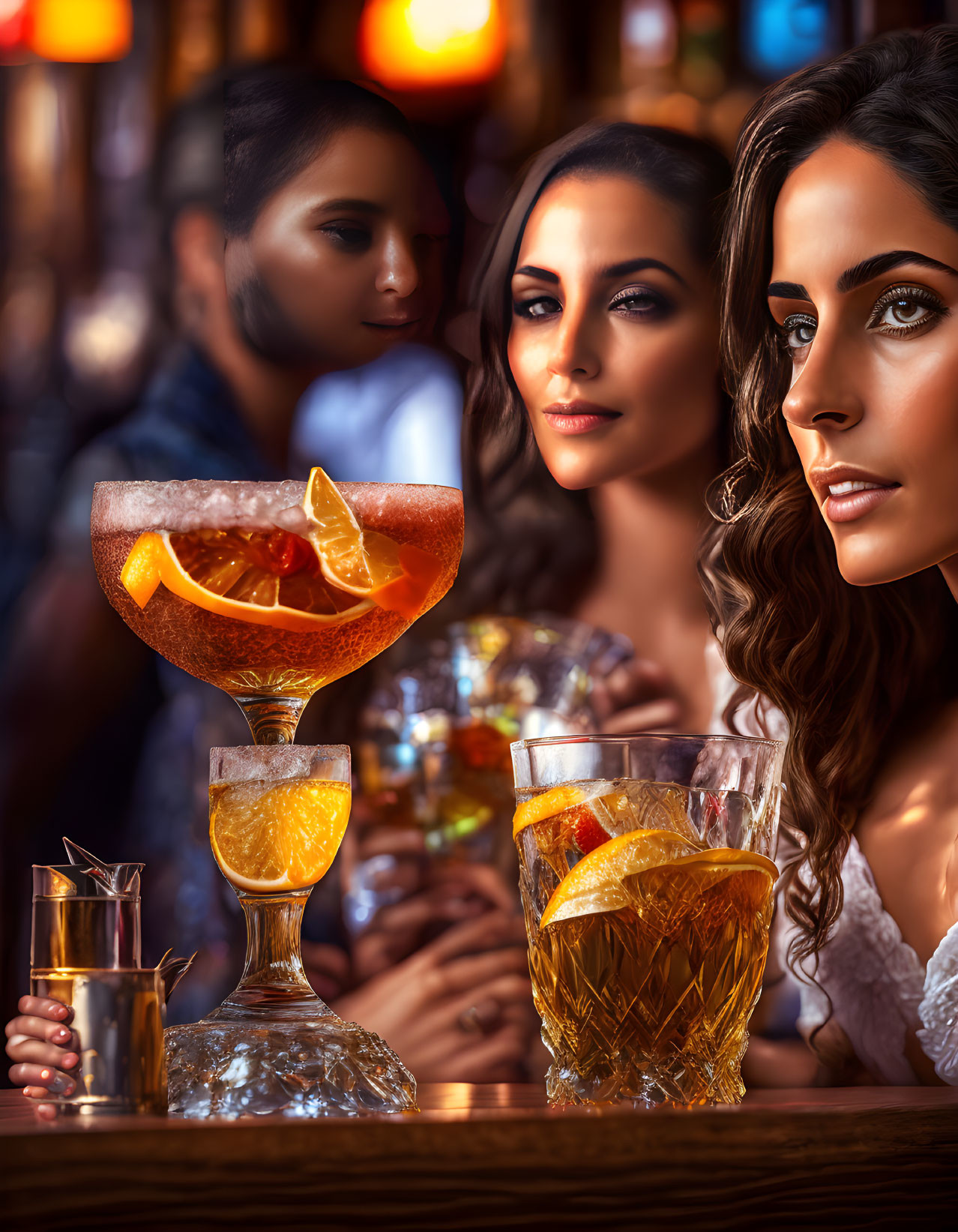 Three women at a bar with orange garnished cocktail.