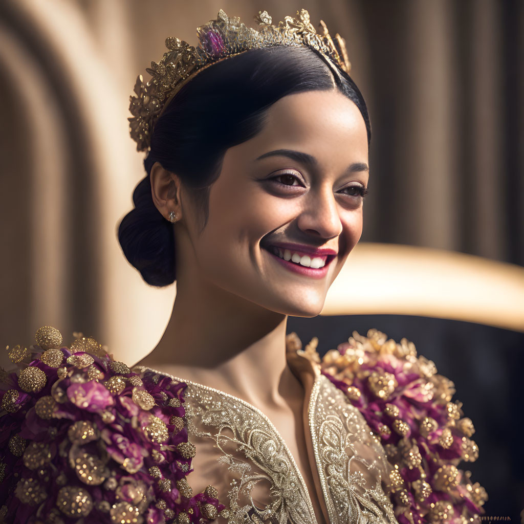 Smiling woman in regal crown and golden outfit with purple floral accents