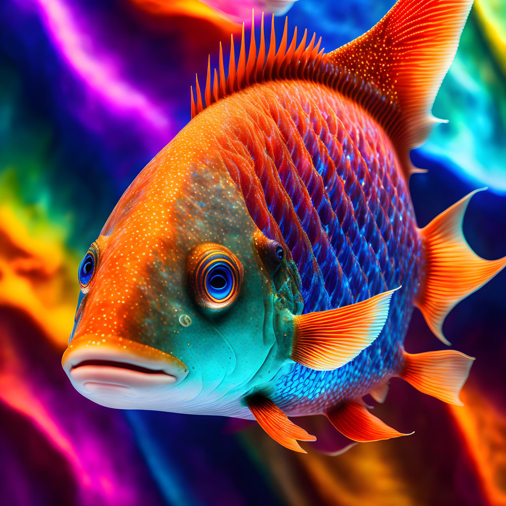 Colorful Tropical Fish with Scales and Fins on Psychedelic Background