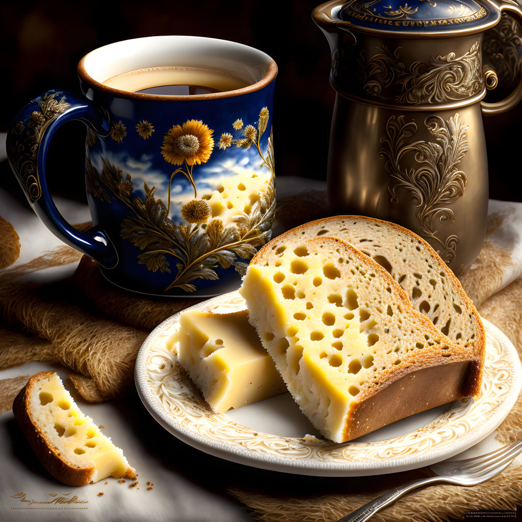 Sunflower-patterned mug, sliced cheese, bread, and golden urn in still life meal.