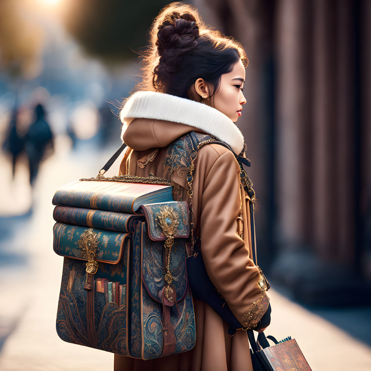 Woman in coat and scarf with book-themed backpack on busy street