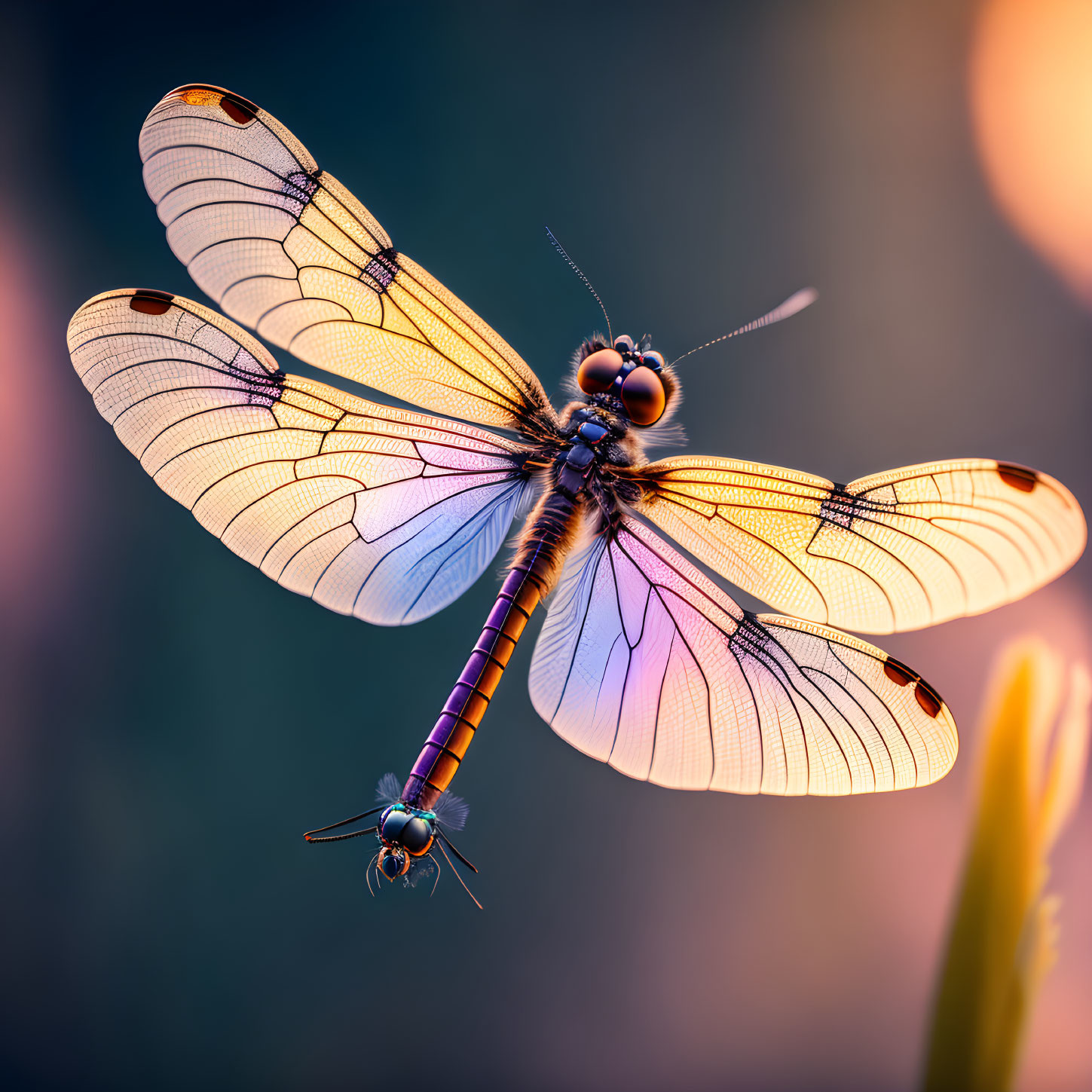 Detailed close-up of dragonfly with spread translucent wings perched on stem