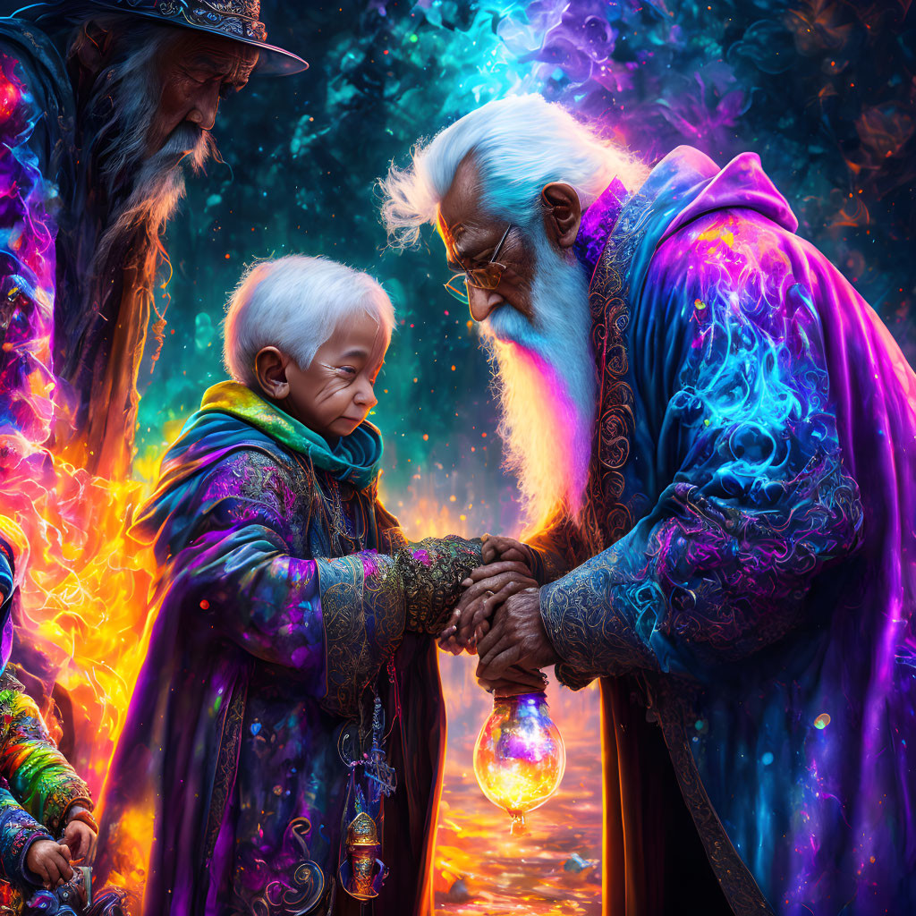 Fantasy wizards exchanging magical orb in mystical forest