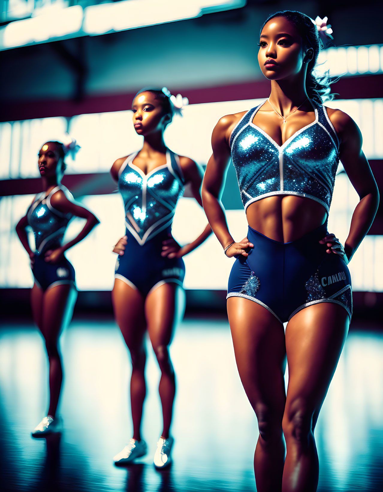 Three cheerleaders in blue and silver uniforms with white flowers in their hair confidently stand in a gym.