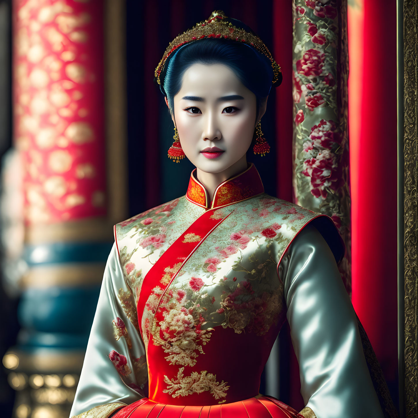 Traditional Korean hanbok with intricate embroidery on woman in regal pose