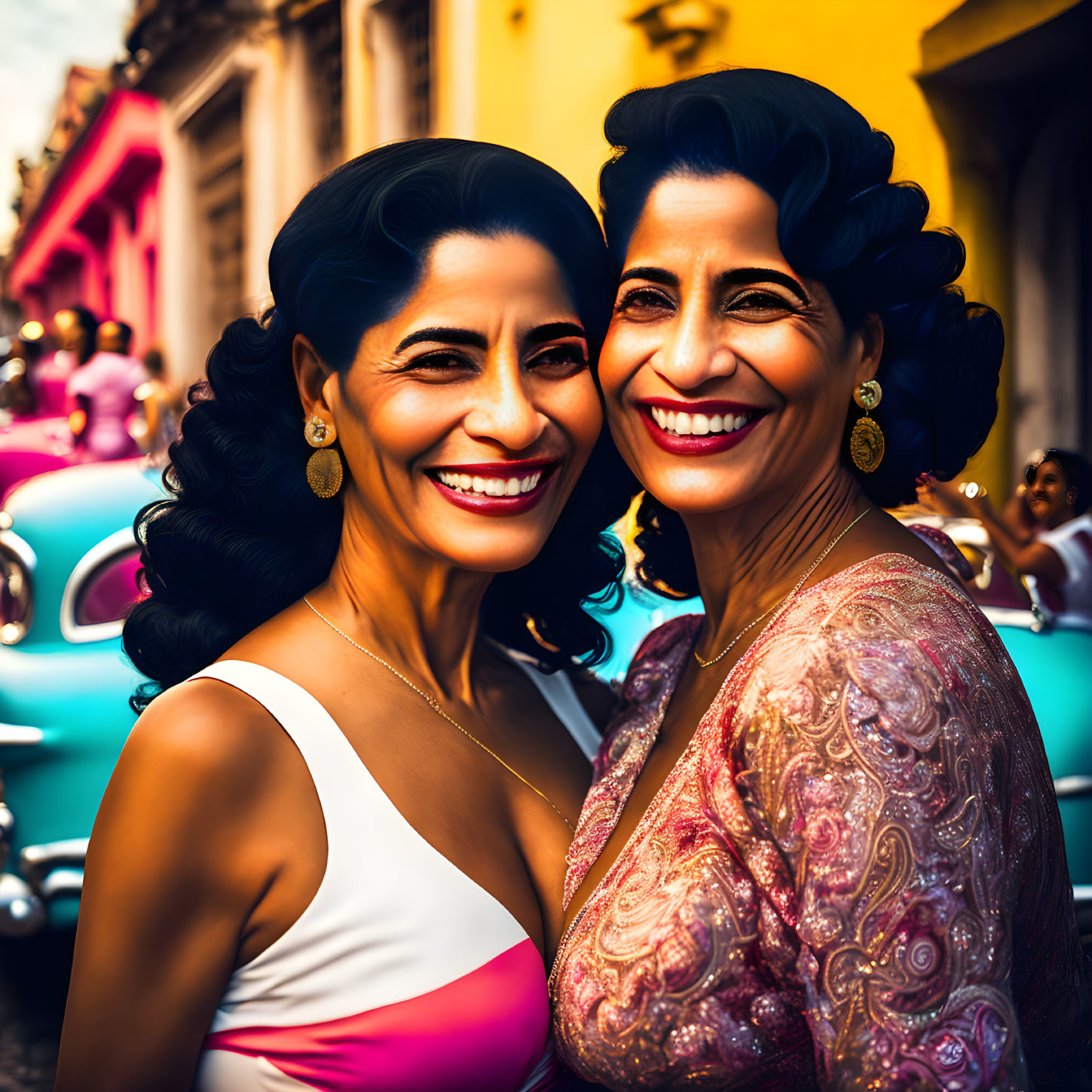 Smiling women in stylish outfits near vintage cars and colorful buildings