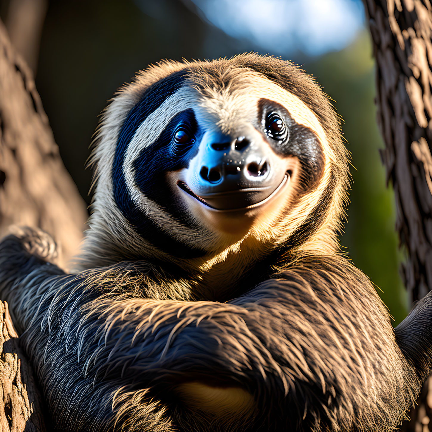 Smiling sloth close-up in tree with sunlight on fur