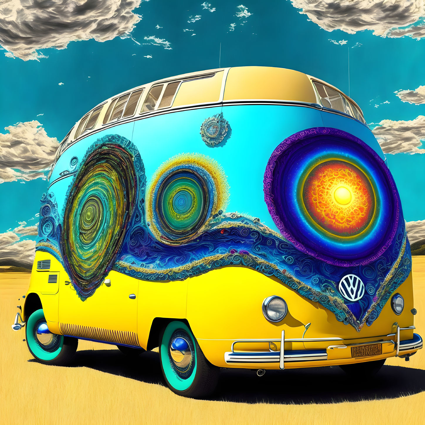 Colorful VW Bus Psychedelic Illustration in Desert Landscape