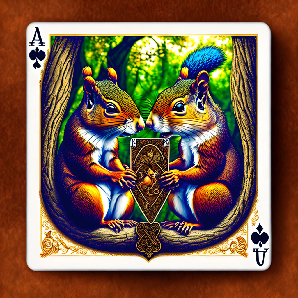 Illustrated squirrels holding Ace of Spades card with forest decorations