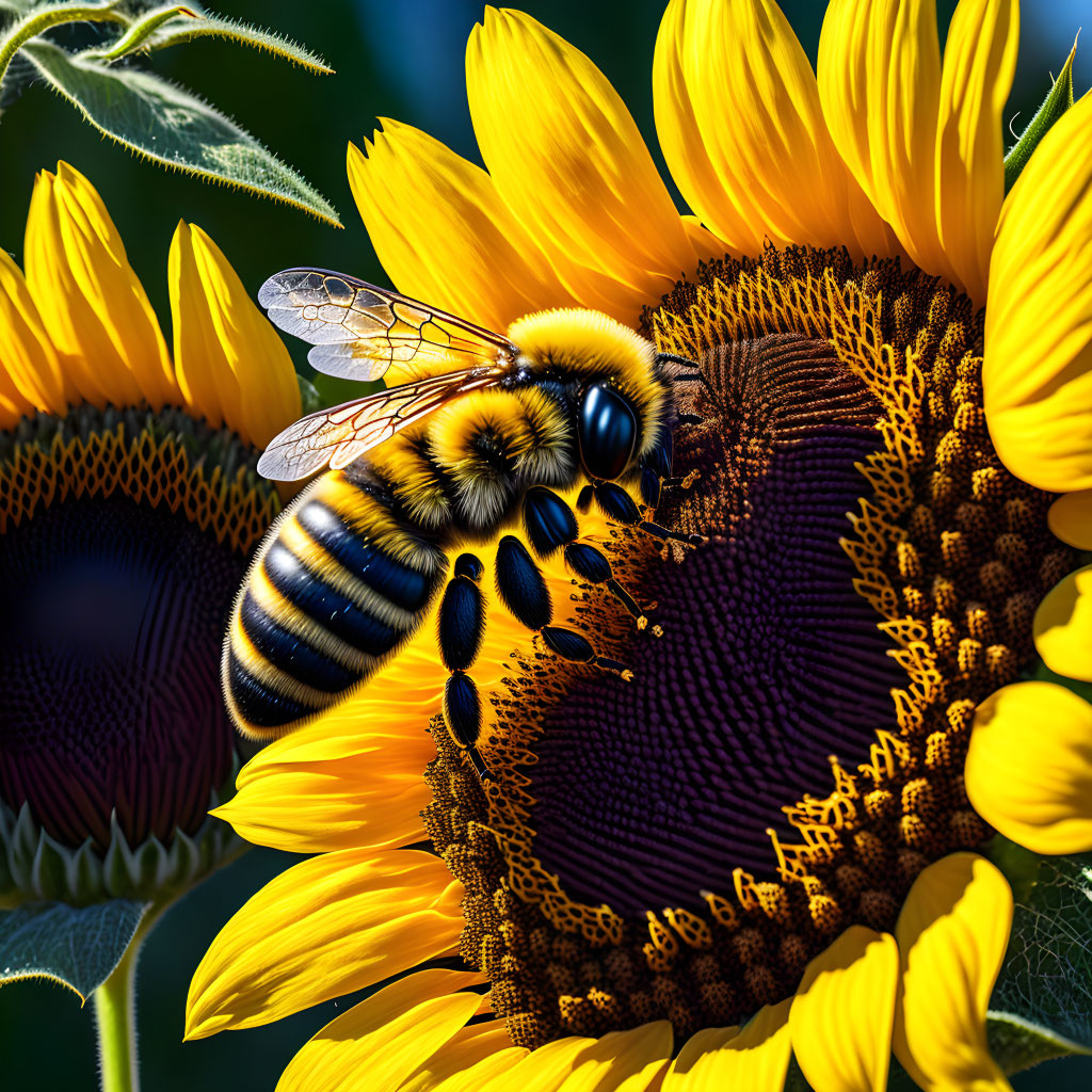 Bee on vibrant yellow sunflower petals with blurred green background