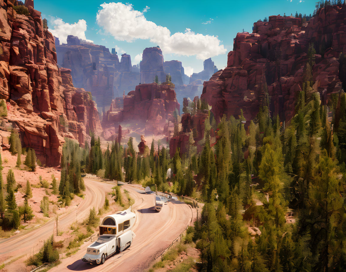 Desert road with vehicles, red rock formations, and coniferous trees under blue sky