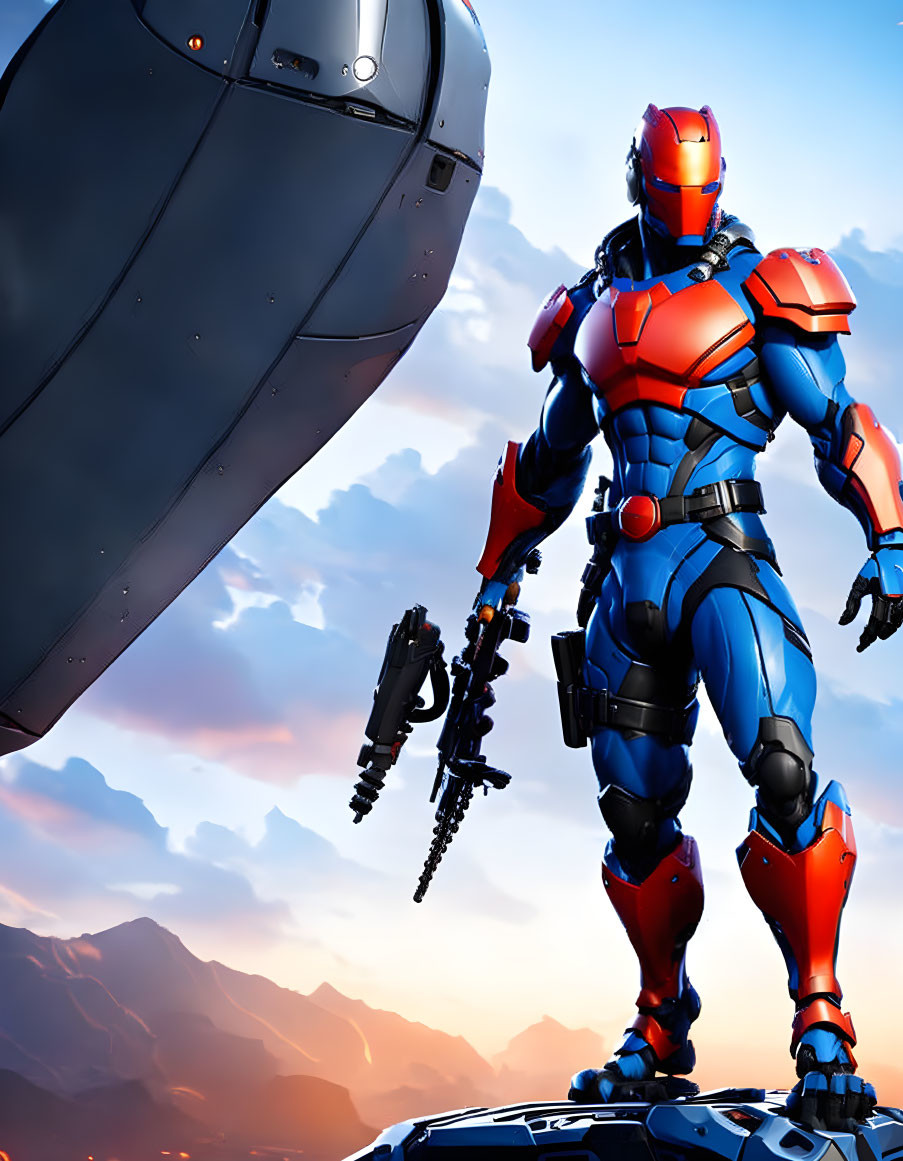 Armored figure with gun beside aircraft in mountainous sunset sky