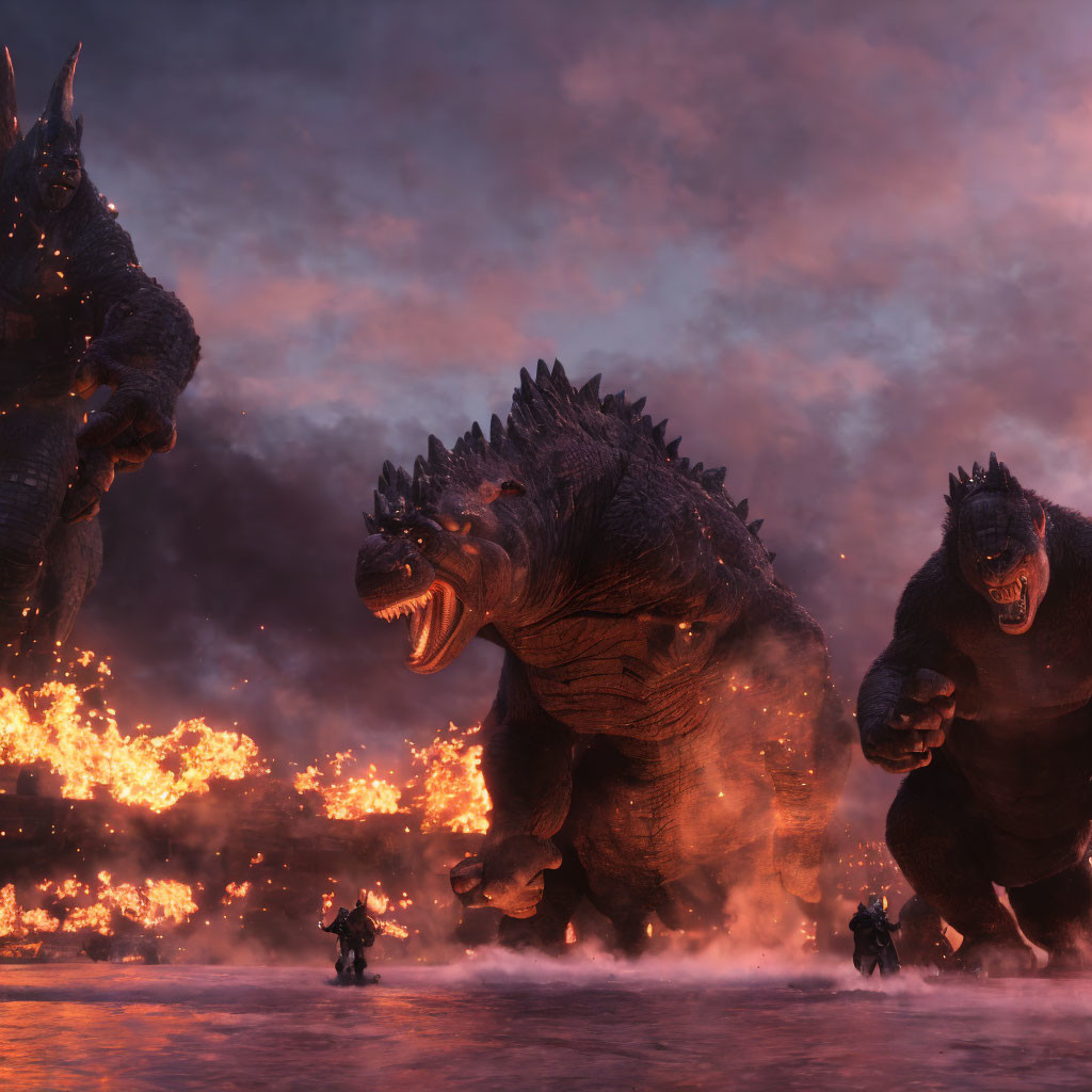 Monstrous creatures resembling Godzilla in fiery landscape with tiny figures.