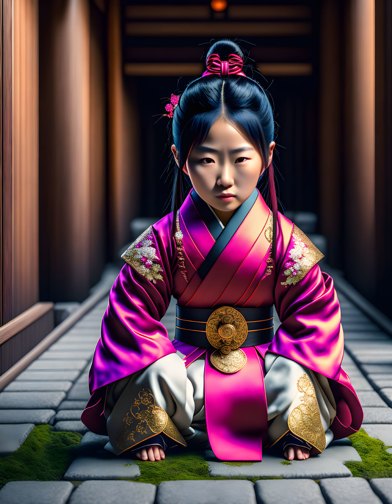 Traditional Japanese Attire Woman on Wooden Corridor