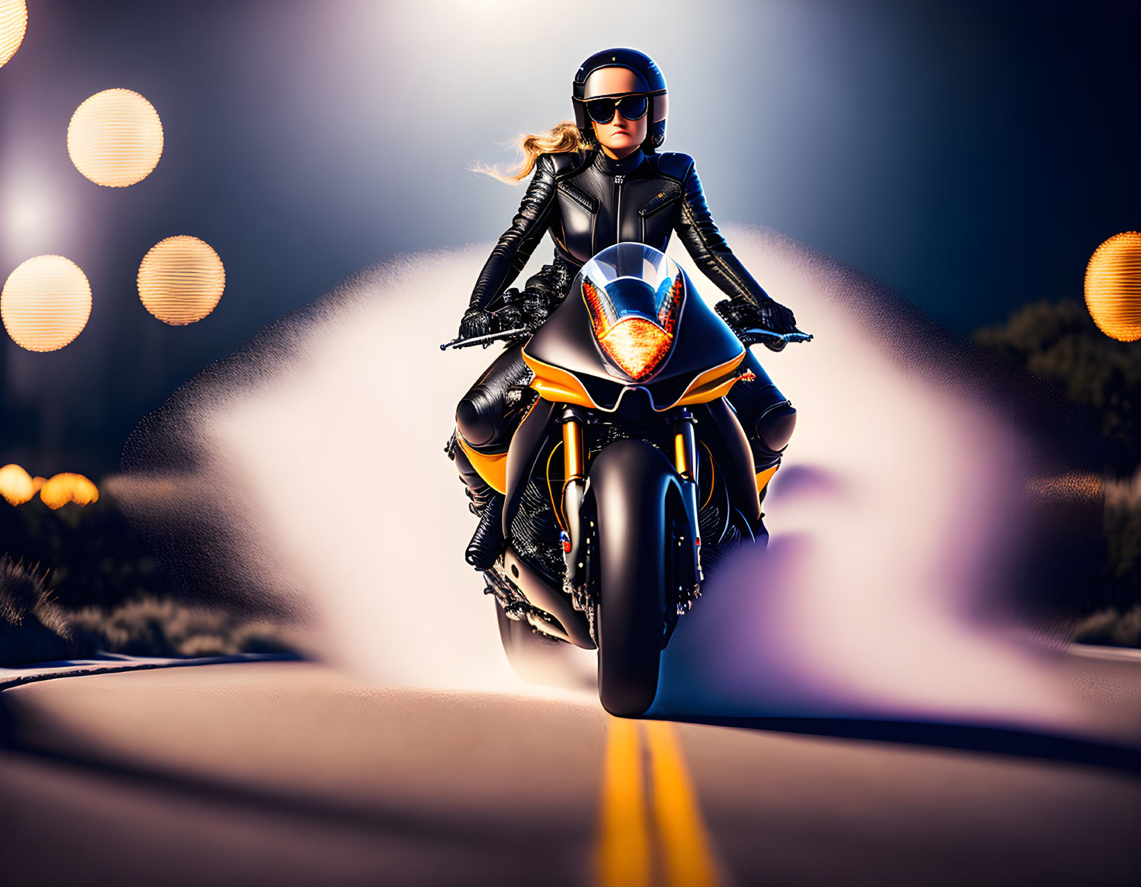 Person in black riding gear on modern motorcycle at night with bright lights.