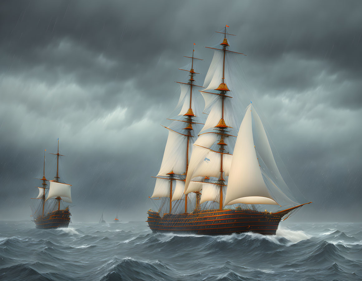 Tall ships with full sails in stormy sea waters