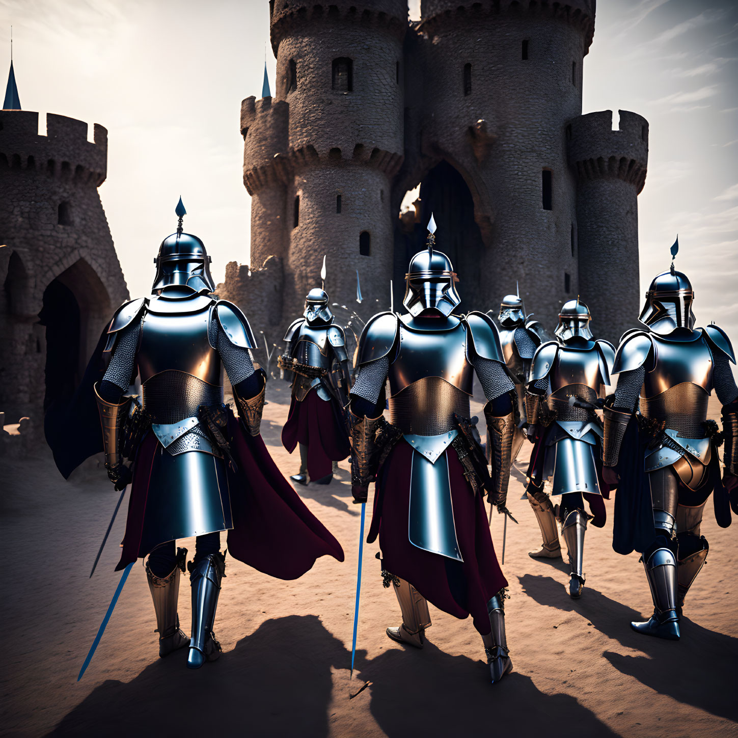 Medieval knights in armor with blue and red capes near a castle under clear skies