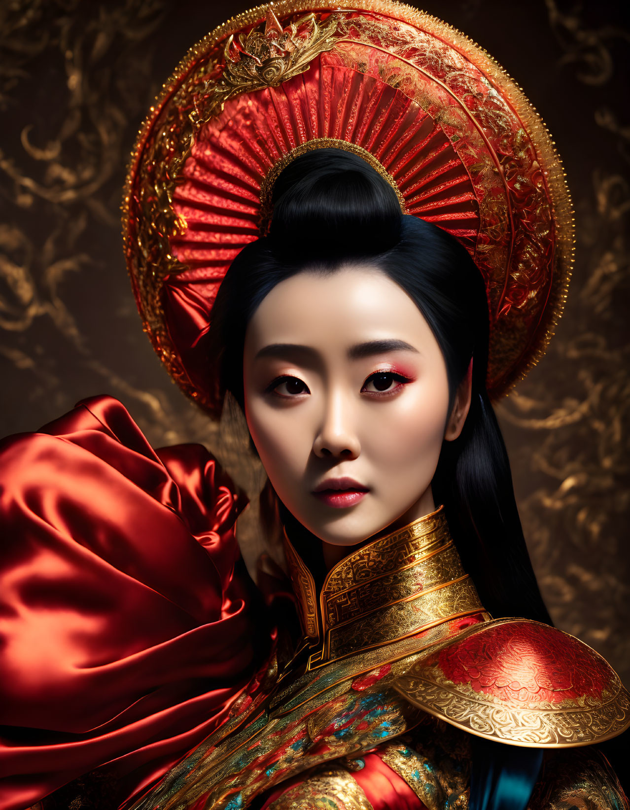 Traditional Attire Figure in Golden and Red Outfit on Textured Background