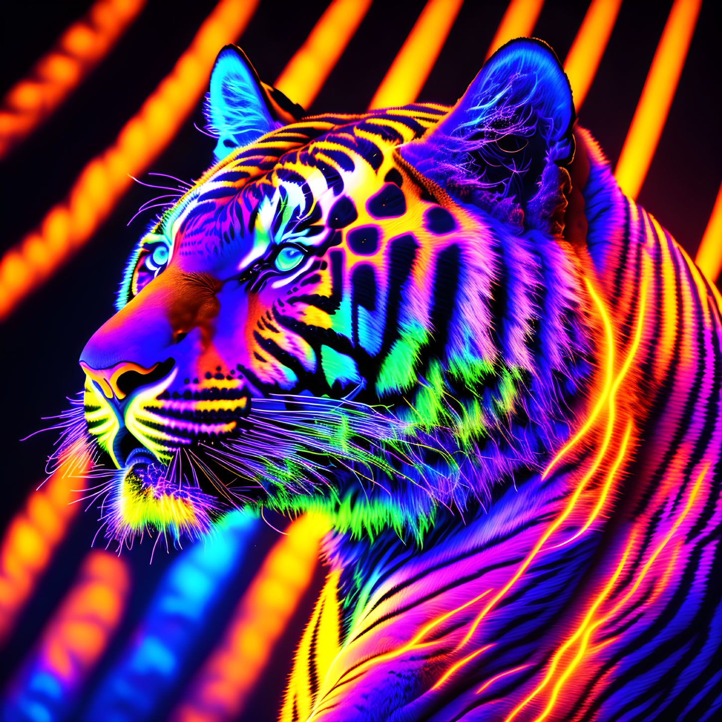 Colorful digital artwork: Tiger with neon blue, orange, and pink stripes on glowing background