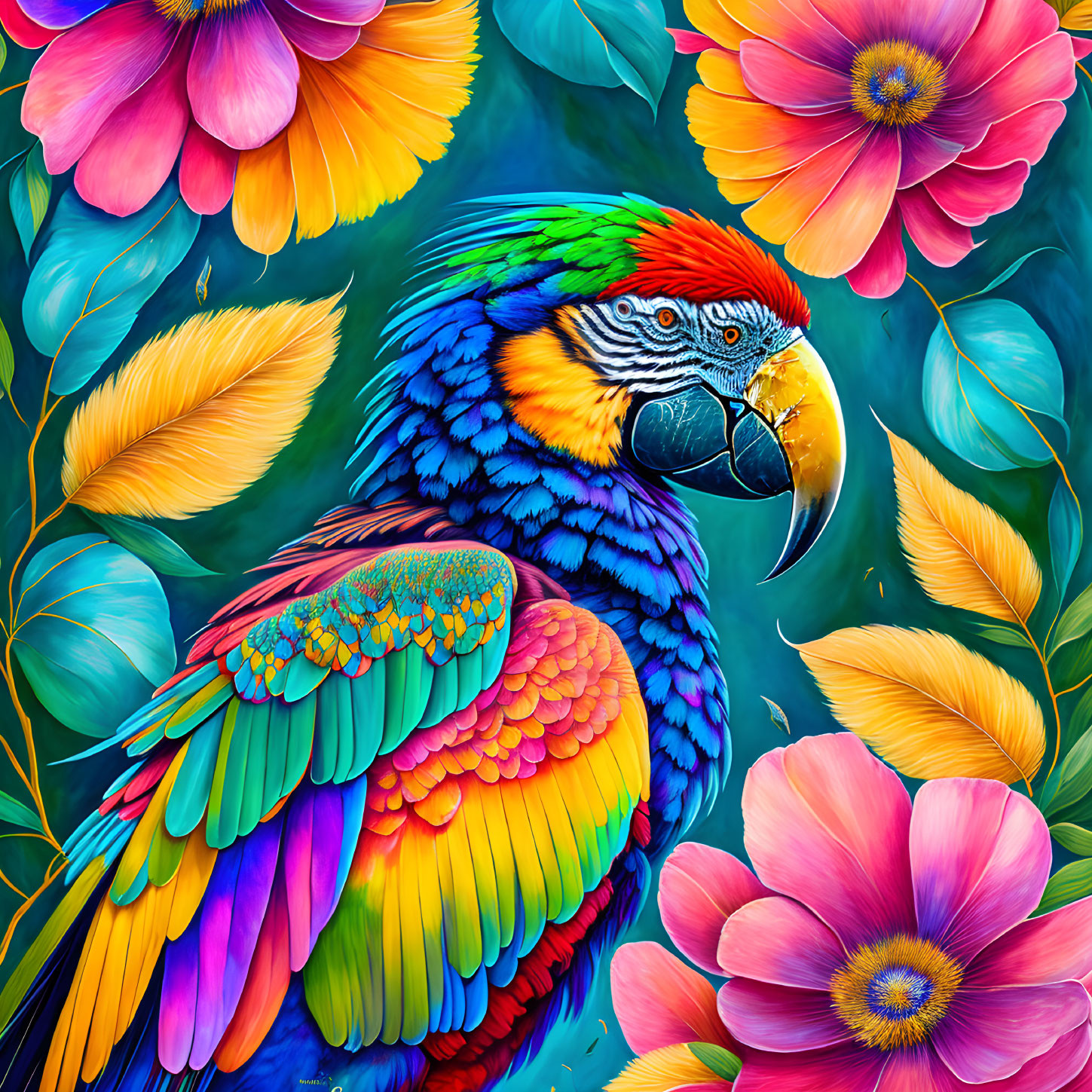 Colorful Parrot Surrounded by Flowers on Teal Background