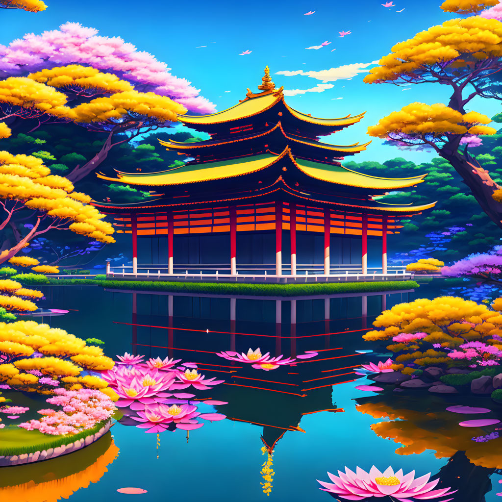 Traditional Japanese pagoda in serene twilight setting with colorful trees and lotus flowers