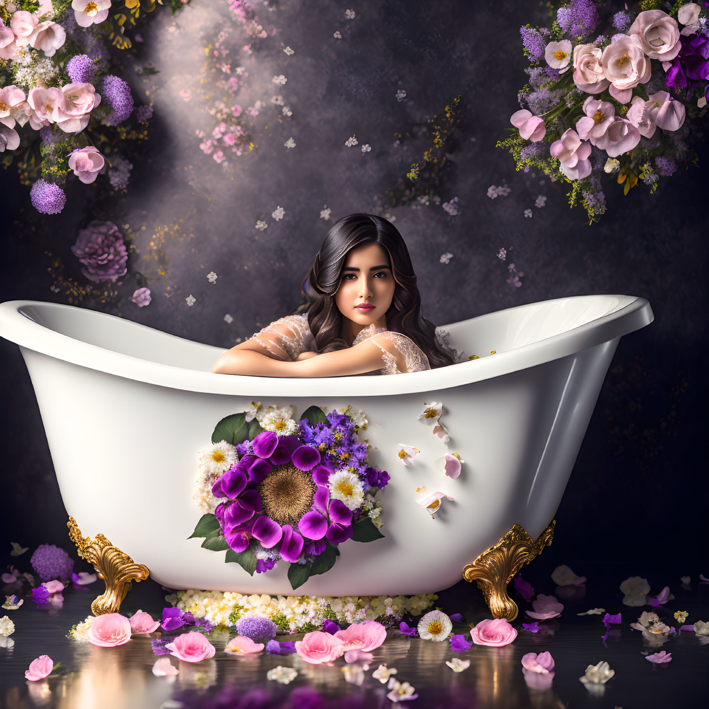 Woman in White Bathtub Surrounded by Golden Details and Flowers