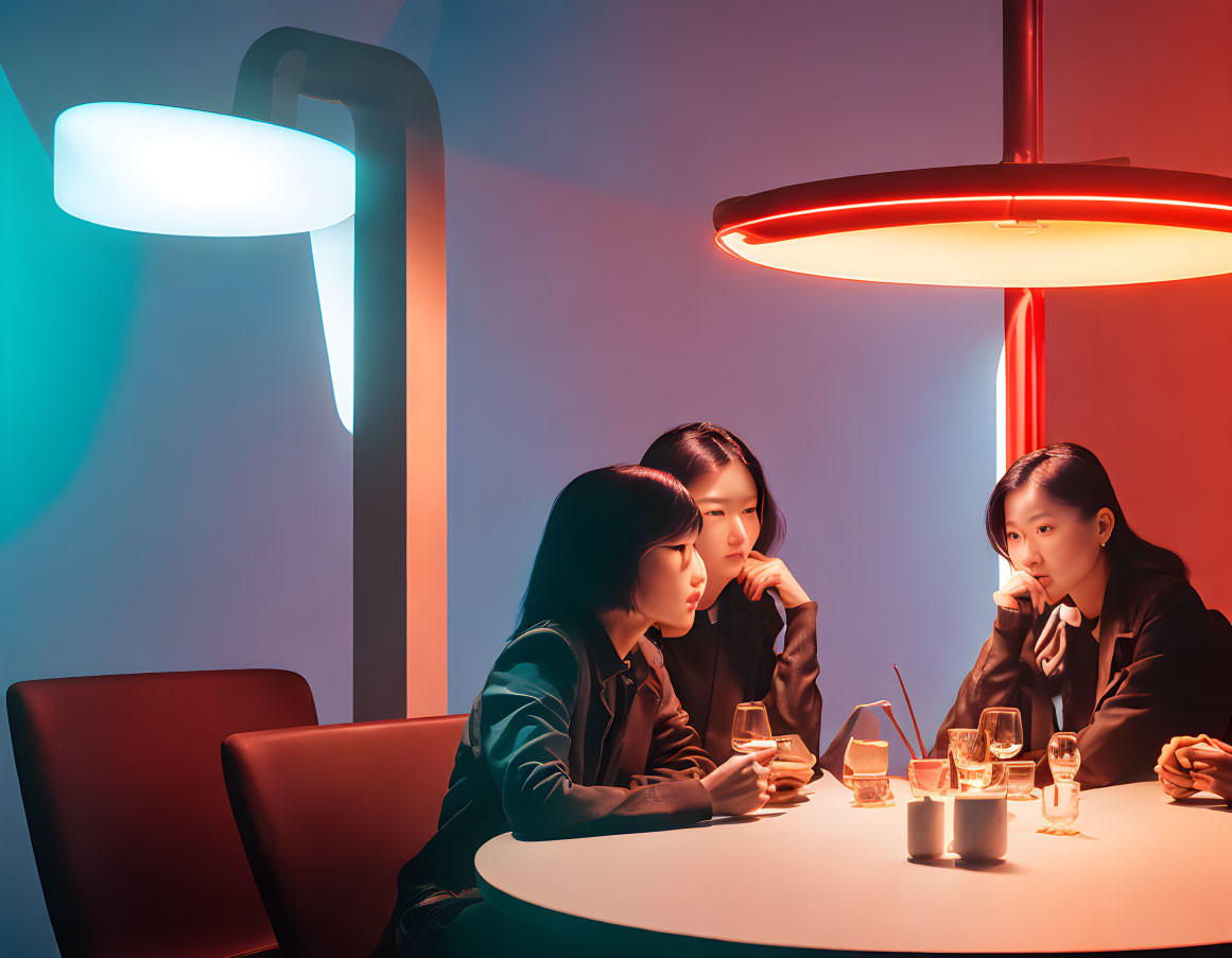 Three people sitting at table with beverages under warm lighting