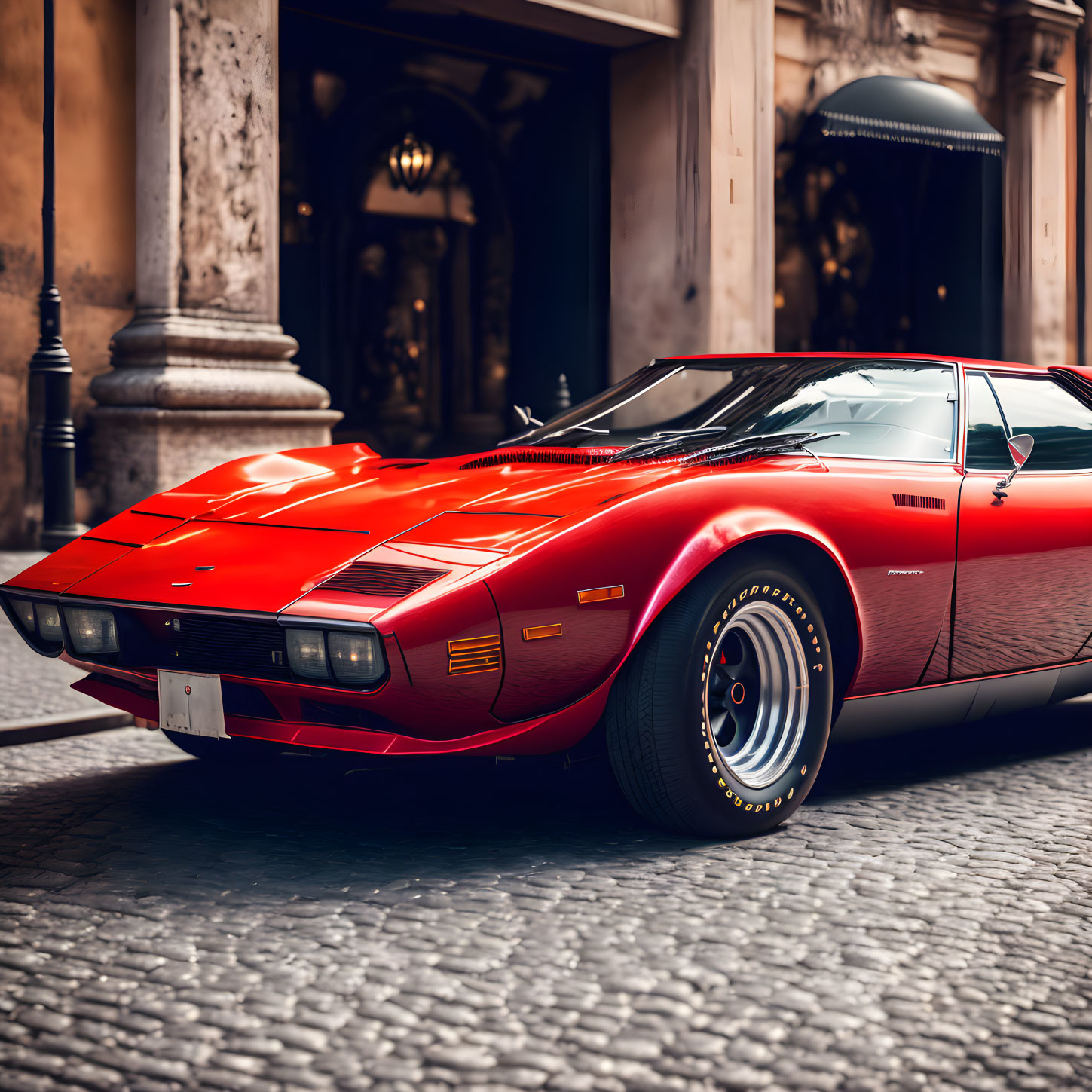 Red Sports Car with Pop-Up Headlights on Cobblestone Street - Retro Vibes