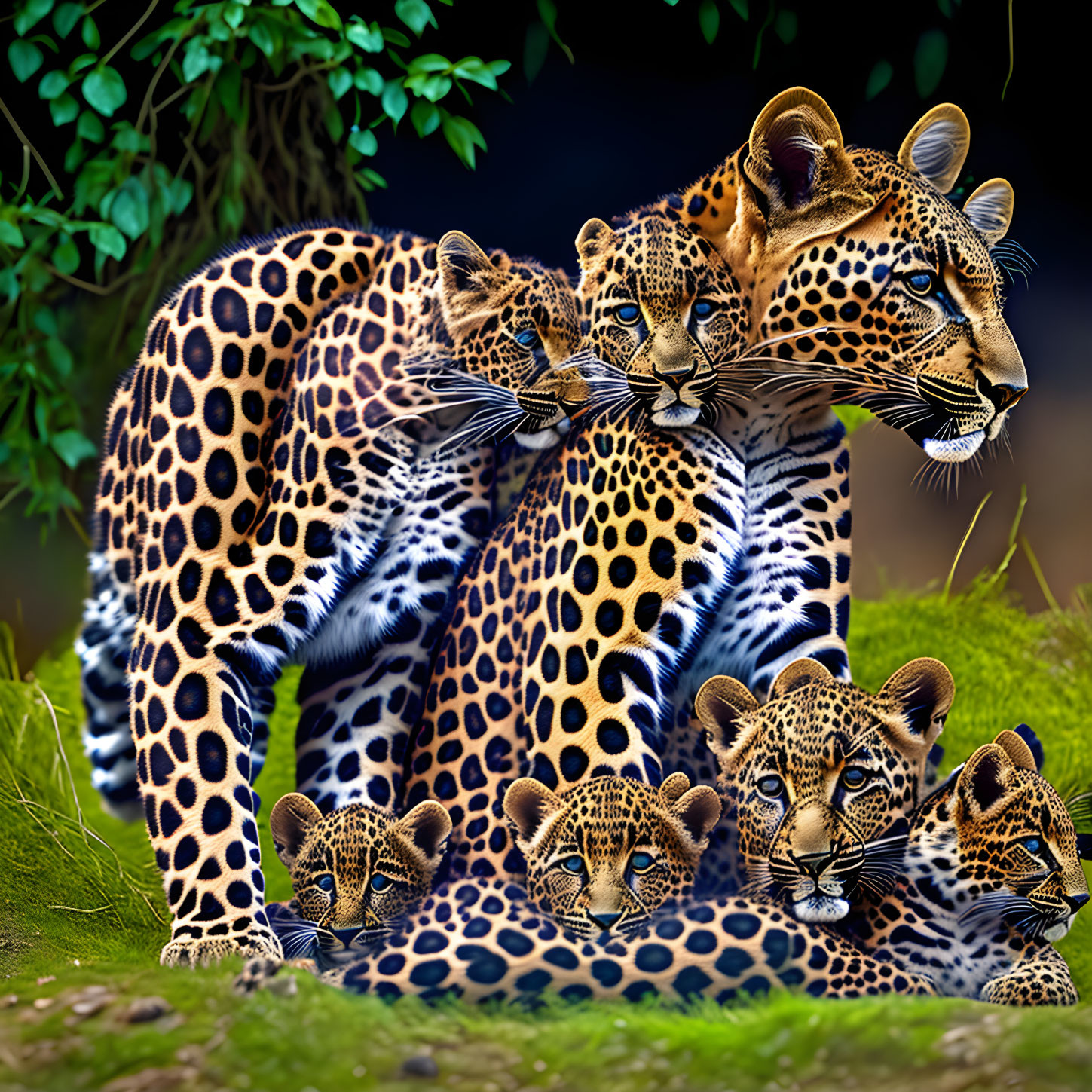 Five jaguars in lush green foliage, featuring adult and cubs with spotted coats