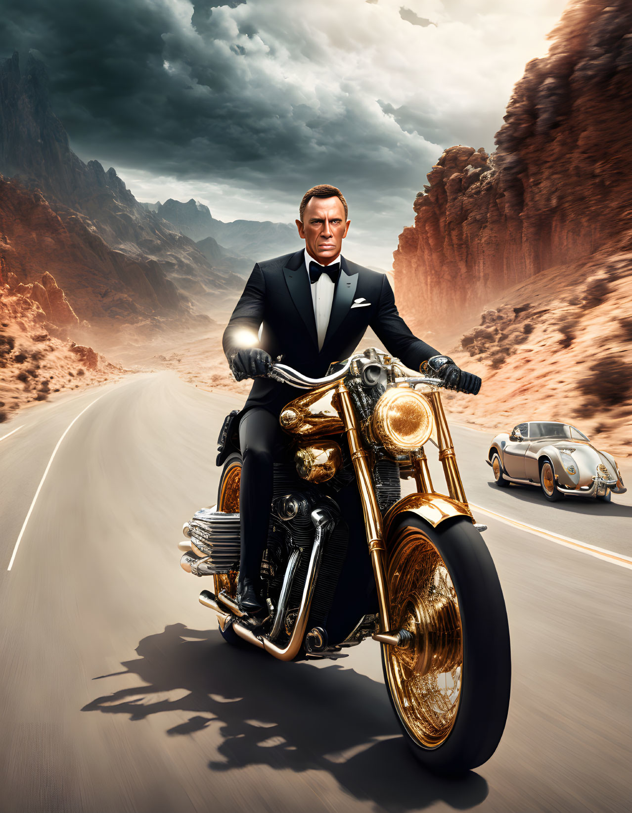 Man in suit rides golden motorcycle on desert highway with classic car and dramatic skies