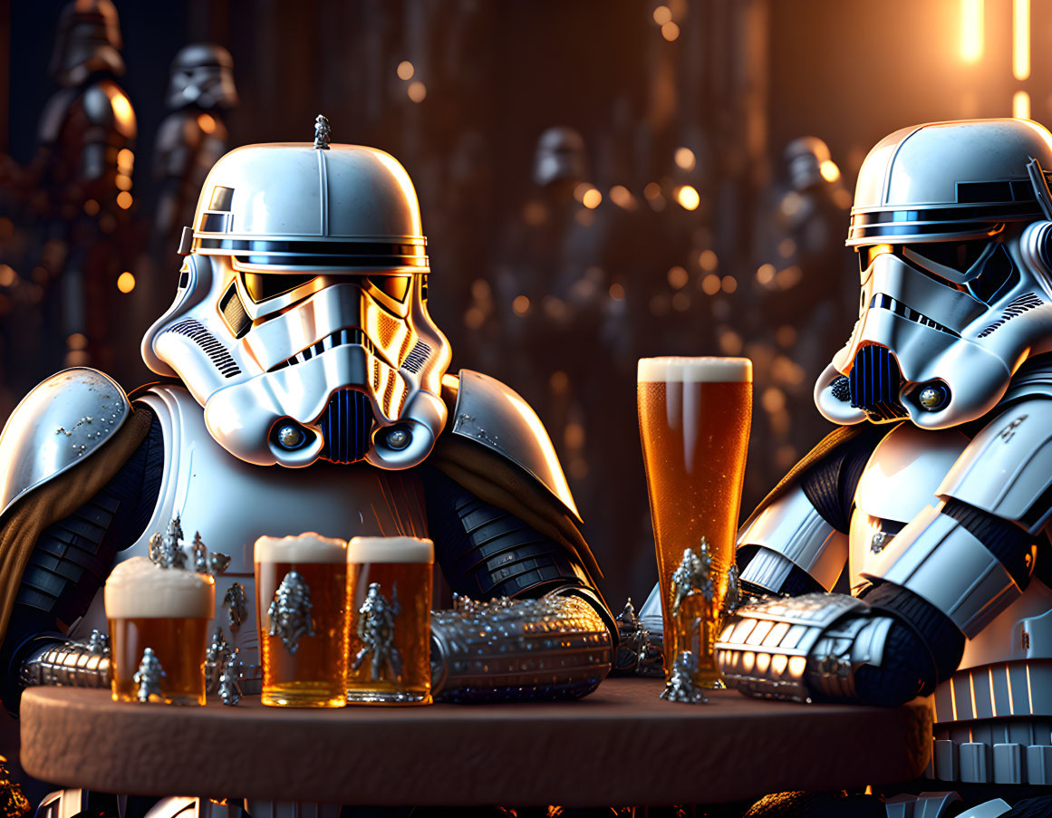 Stormtrooper helmets and beer mugs on table at social gathering