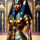 Digital artwork of a woman as an Egyptian pharaoh with golden attire in temple setting